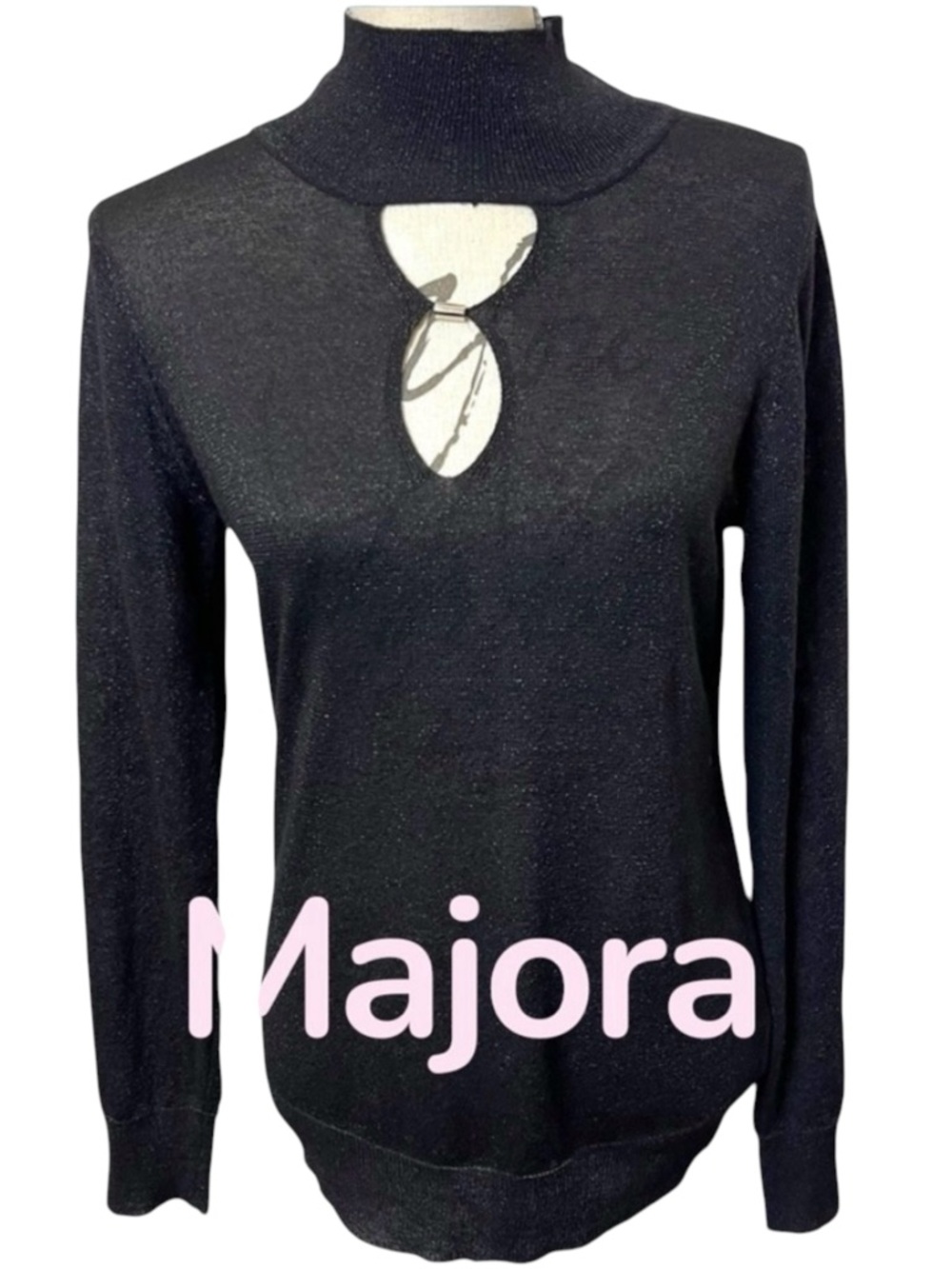 Majora Black Metallic Long Sleeve Mock Neck Keyhole Top (L)